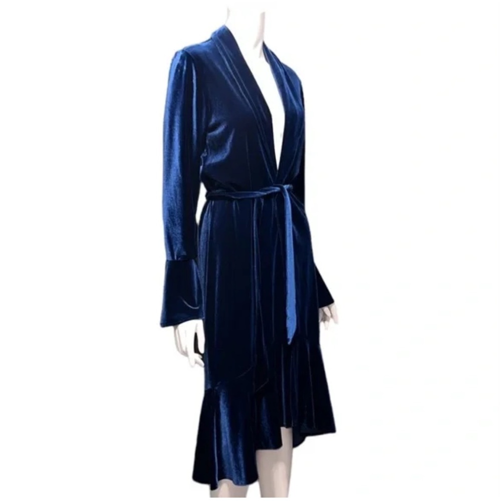 Express Blue Velvet Belted Ruffle Hem Bell Sleeve Duster Kimono NWT